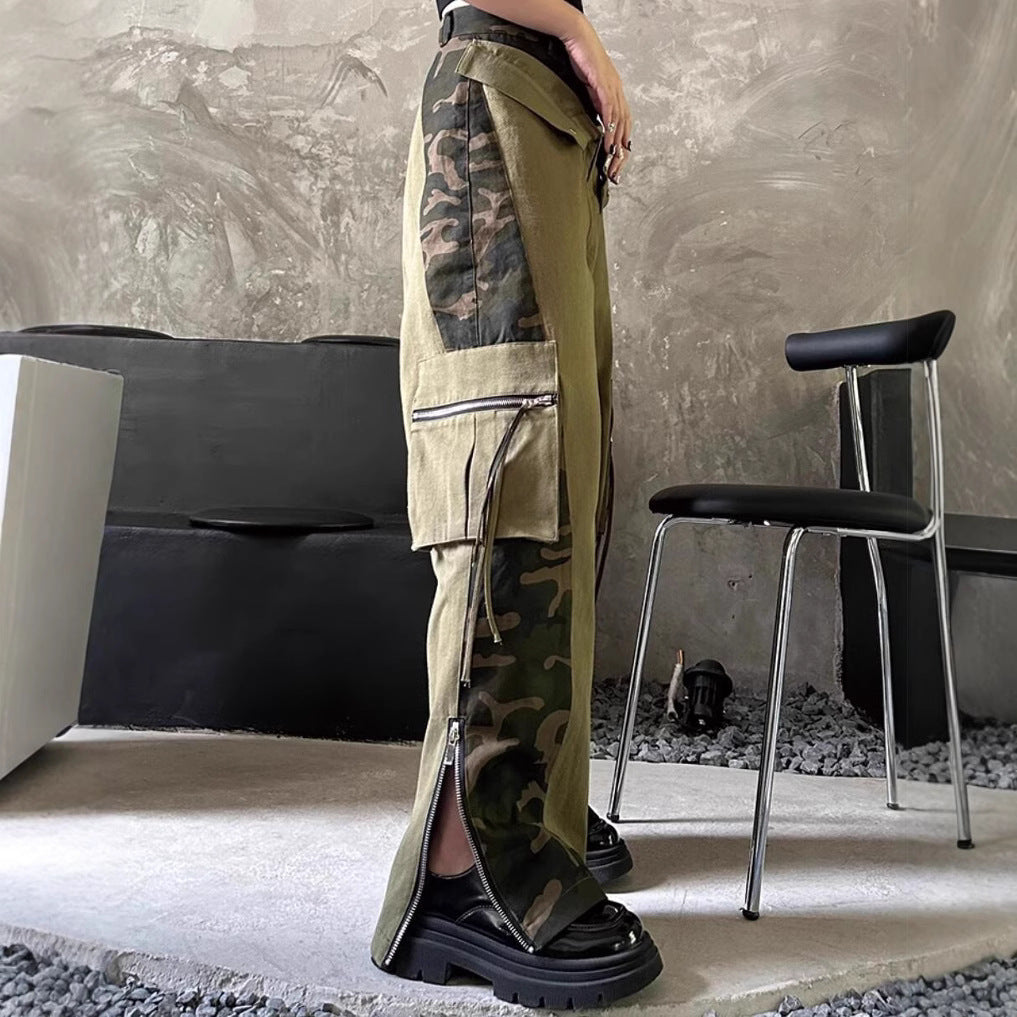 Retro High Waist Tooling Pants Fake Two Stitching Leopard Print Jeans
