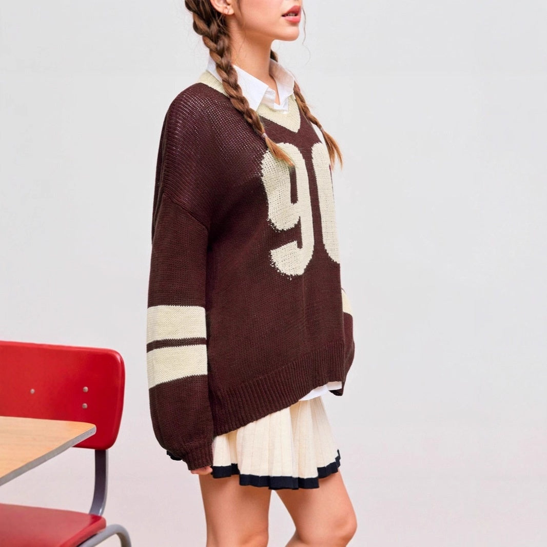 Loose Letter Sweater Top V-neck Sports Style