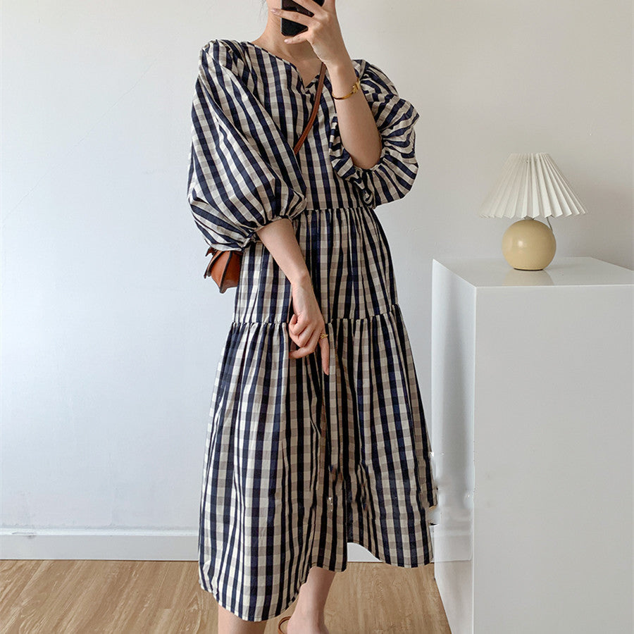 Female Summer Black And White Plaid Loose Retro Dress