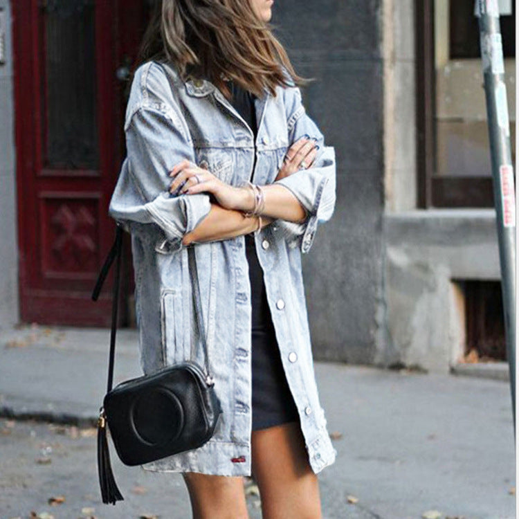 Mid-length Dark Ripped Denim Trench Coat