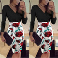 Short Sleeve V-neck Printed Patchwork Slim Dress