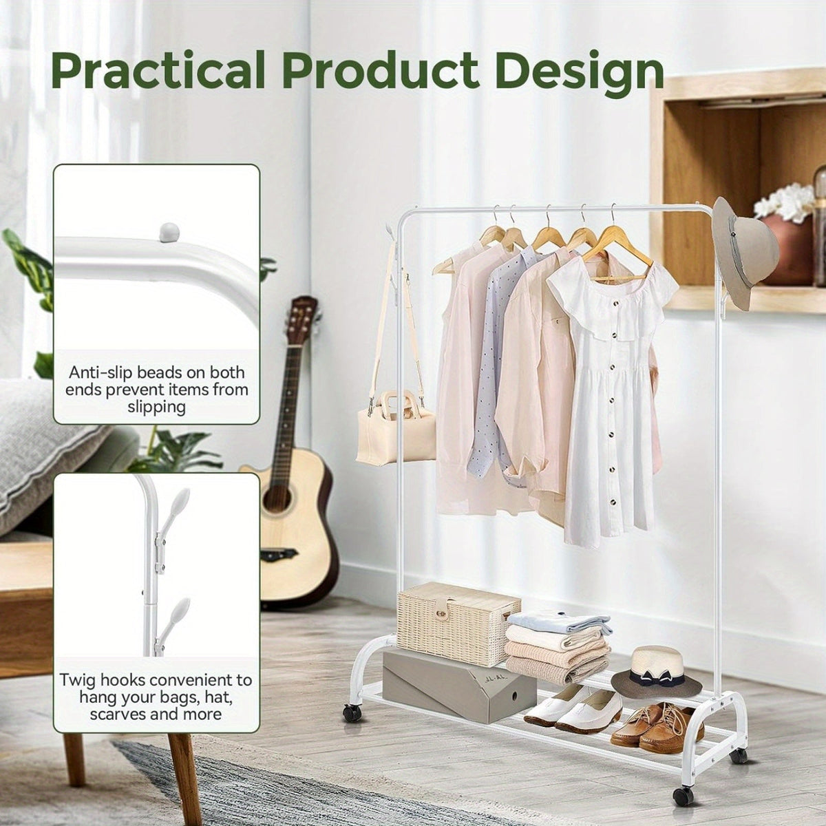 Heavy Duty Clothes Rail with Wheels & 2-Tier Storage Shelf - Mobile Garment Rack for Bedroom