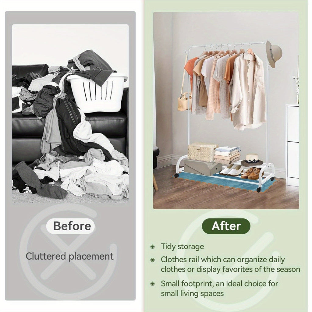Heavy Duty Clothes Rail with Wheels & 2-Tier Storage Shelf - Mobile Garment Rack for Bedroom