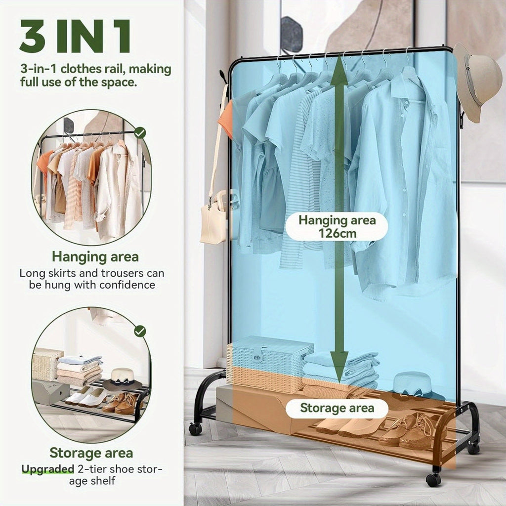 Heavy Duty Clothes Rail with Wheels & 2-Tier Storage Shelf - Mobile Garment Rack for Bedroom