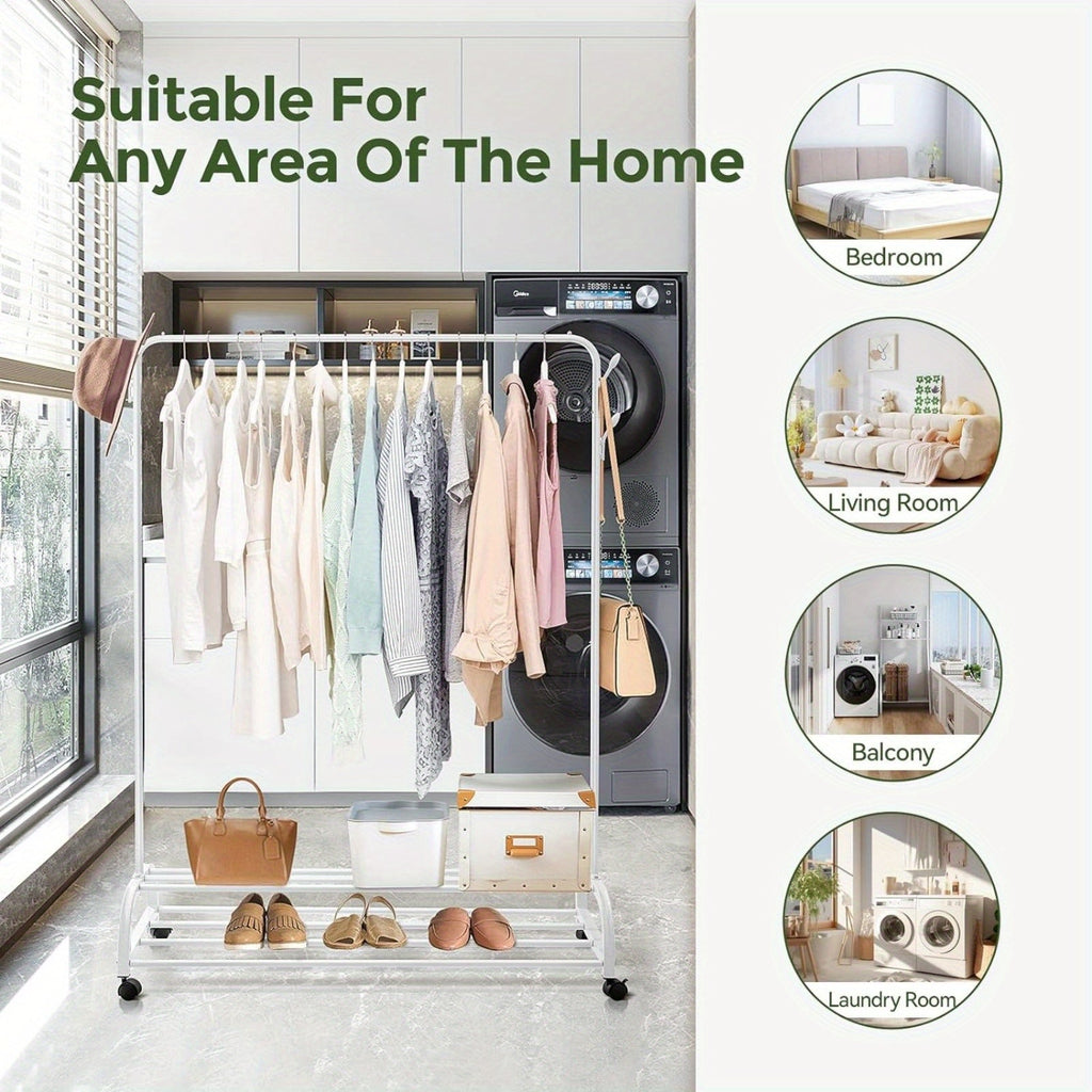 Heavy Duty Clothes Rail with Wheels & 2-Tier Storage Shelf - Mobile Garment Rack for Bedroom