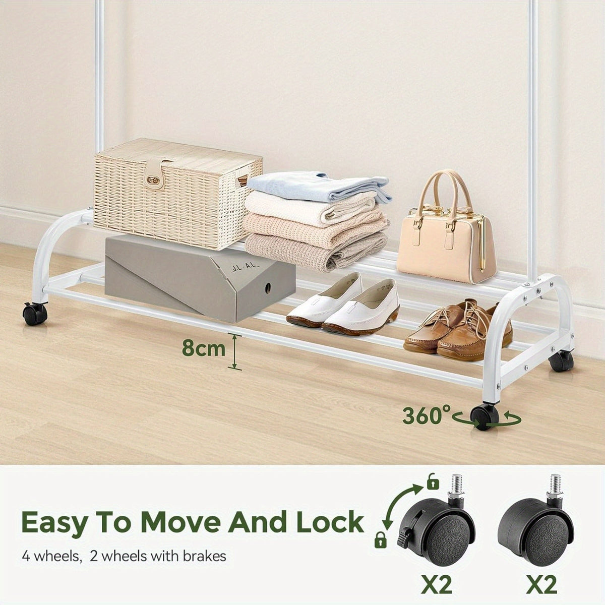 Heavy Duty Clothes Rail with Wheels & 2-Tier Storage Shelf - Mobile Garment Rack for Bedroom