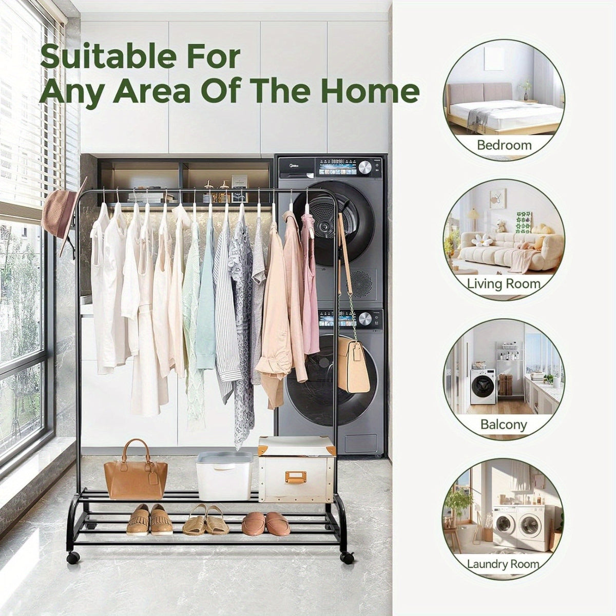Heavy Duty Clothes Rail with Wheels & 2-Tier Storage Shelf - Mobile Garment Rack for Bedroom