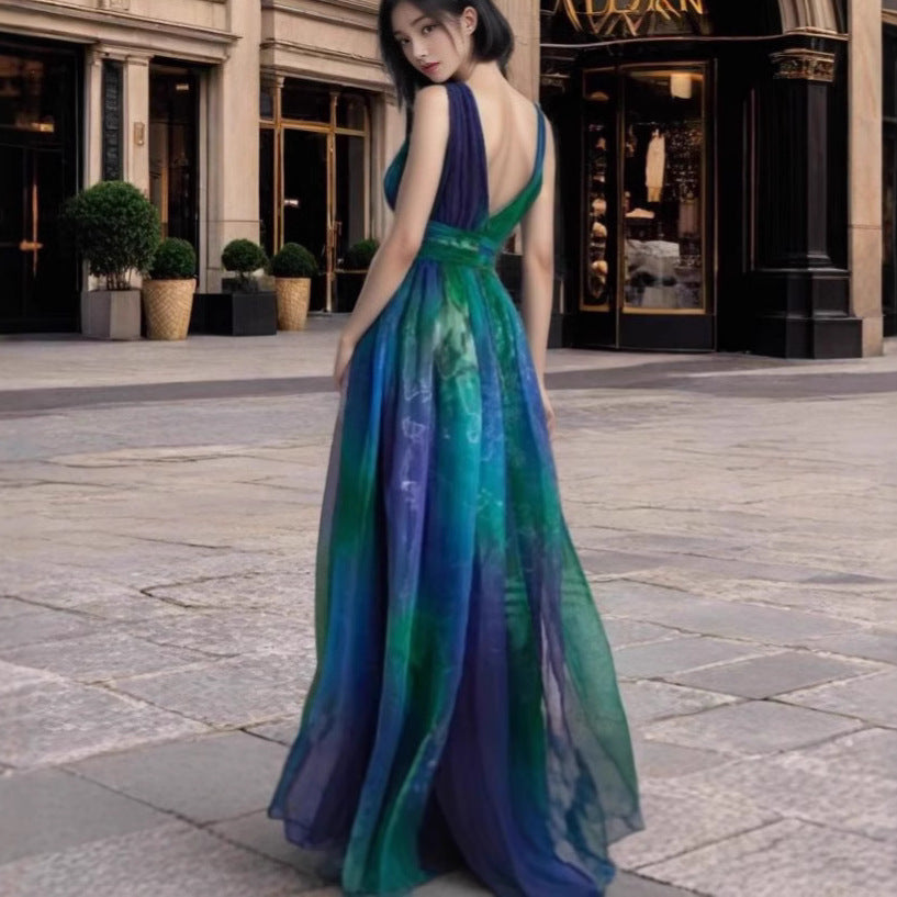 Deep V-neck Backless Printing Chiffon Big Swing Dress