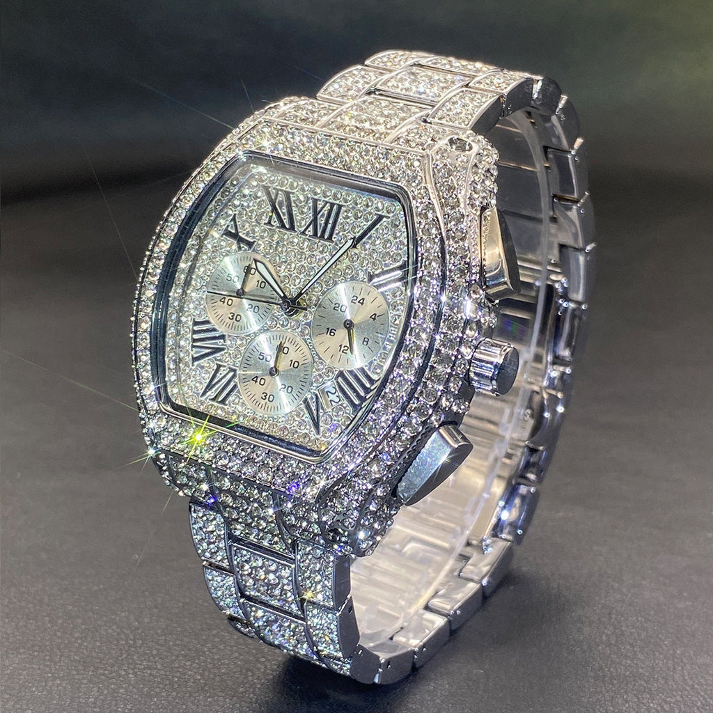 Hip Hop Men's Full Diamond Multi-function Chronograph Luminous Tonneau Quartz Watch