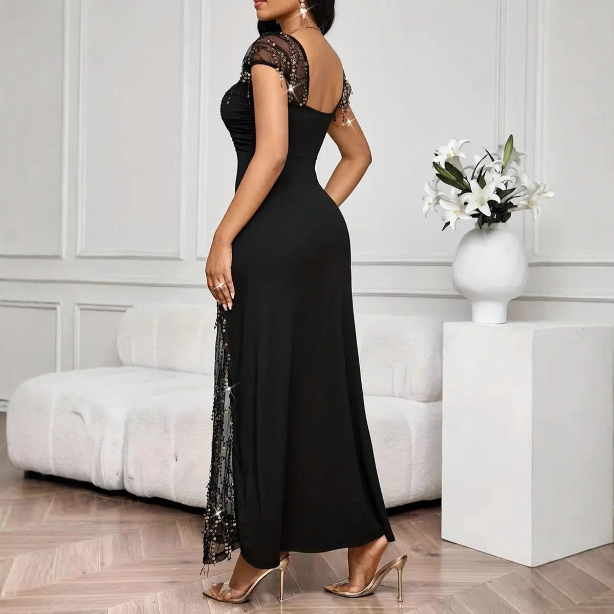 Elegant Bright Diamond Embellished Waist-cinching Slim Split Long Dress