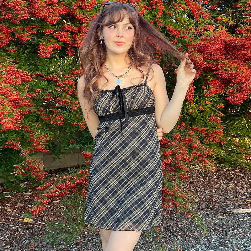 Halter-neck Plaid Slip Dress