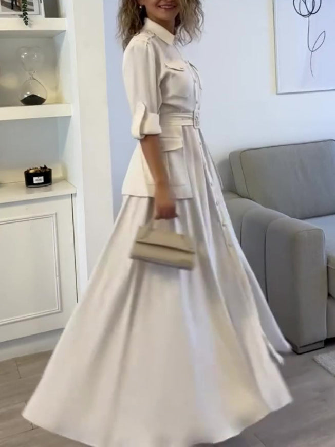 Solid Color Long Sleeve Shirt Belt Dress