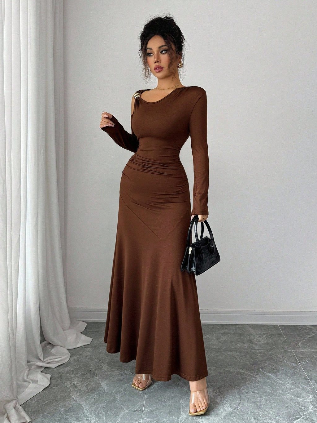 Women's Solid-color Off-shoulder Long-sleeve Top With Metal-decorated Dress