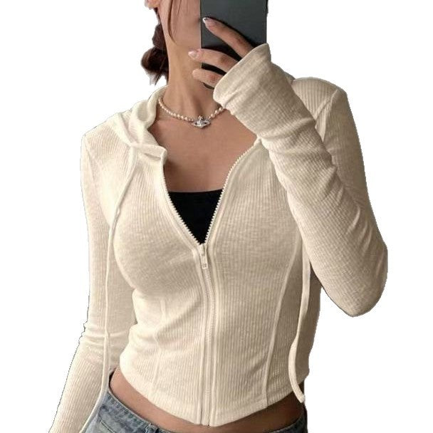 Top Slim Fit Sports Hoodie Short Zipper Hooded Sweatshirt