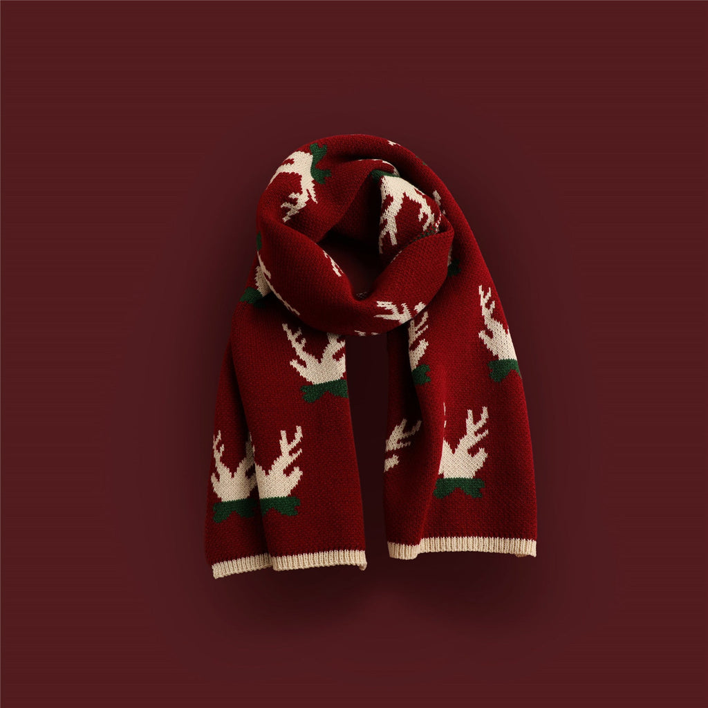 Red Knitted Scarf With Elk Print And Snowflake Pattern Designed For Warmth