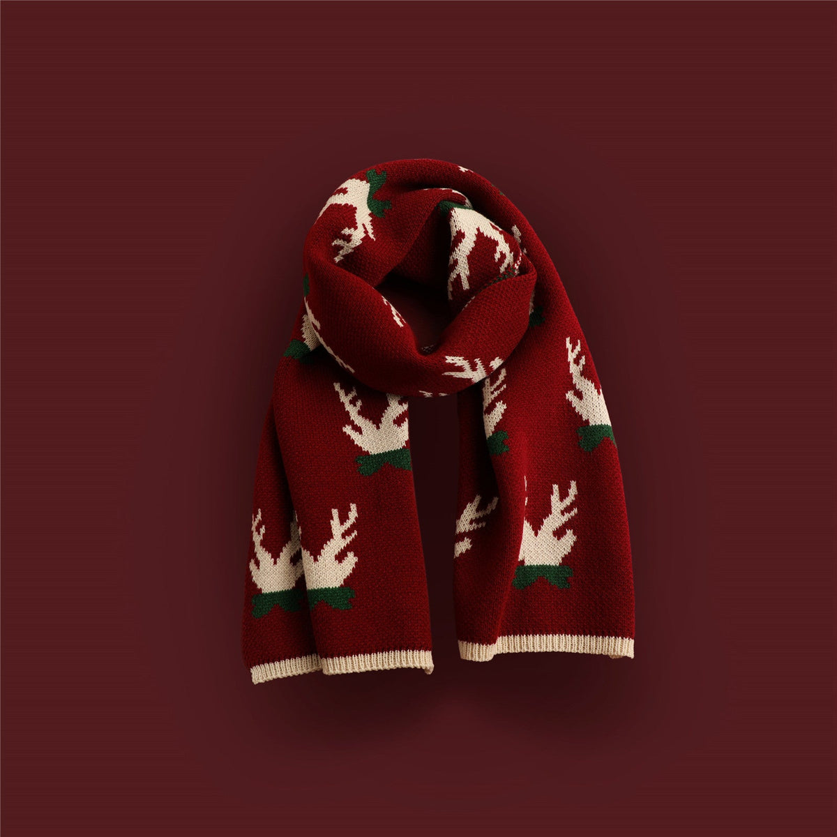 Red Knitted Scarf With Elk Print And Snowflake Pattern Designed For Warmth
