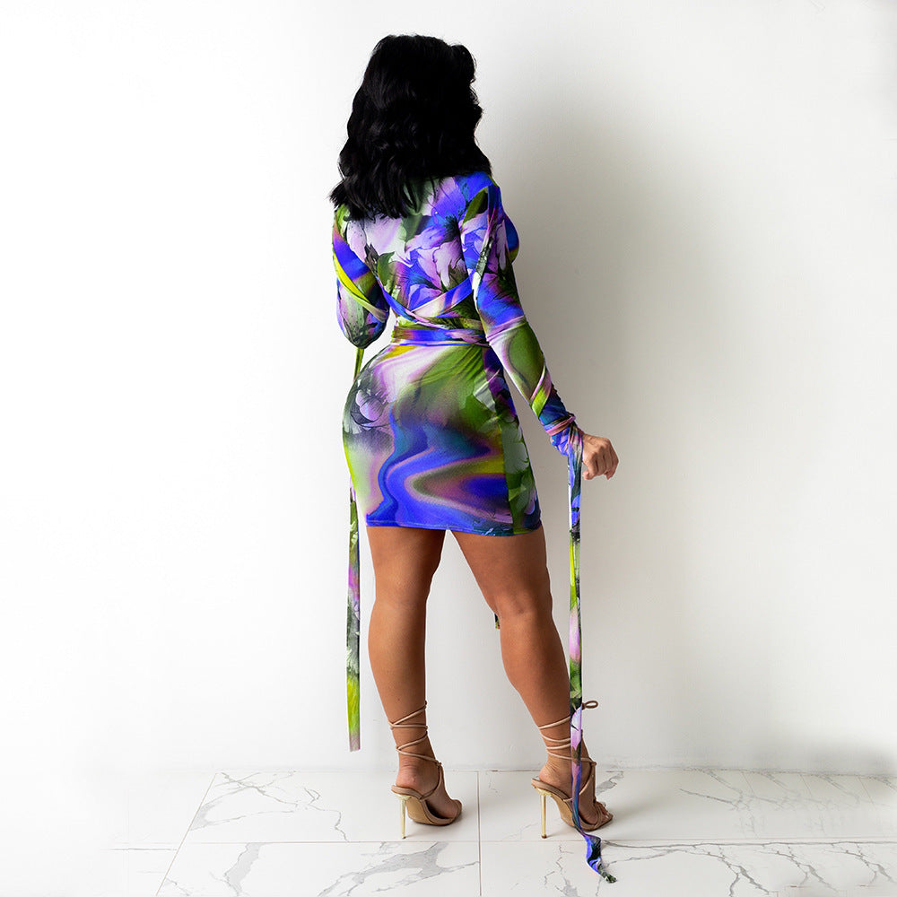 Sexy Women Mesh See-Through Printed Dress With Bandage