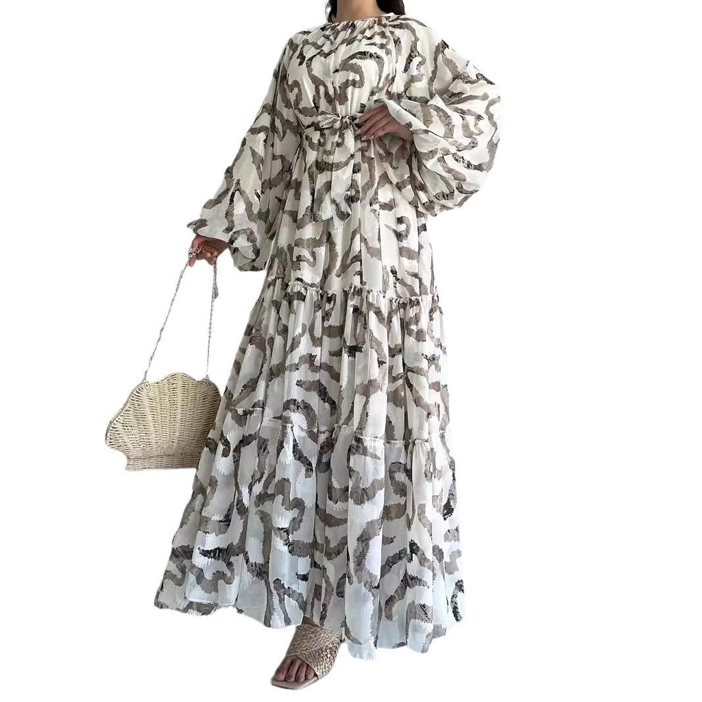 Chiffon Printed Maxi Dress With Beltstylish And Elegant