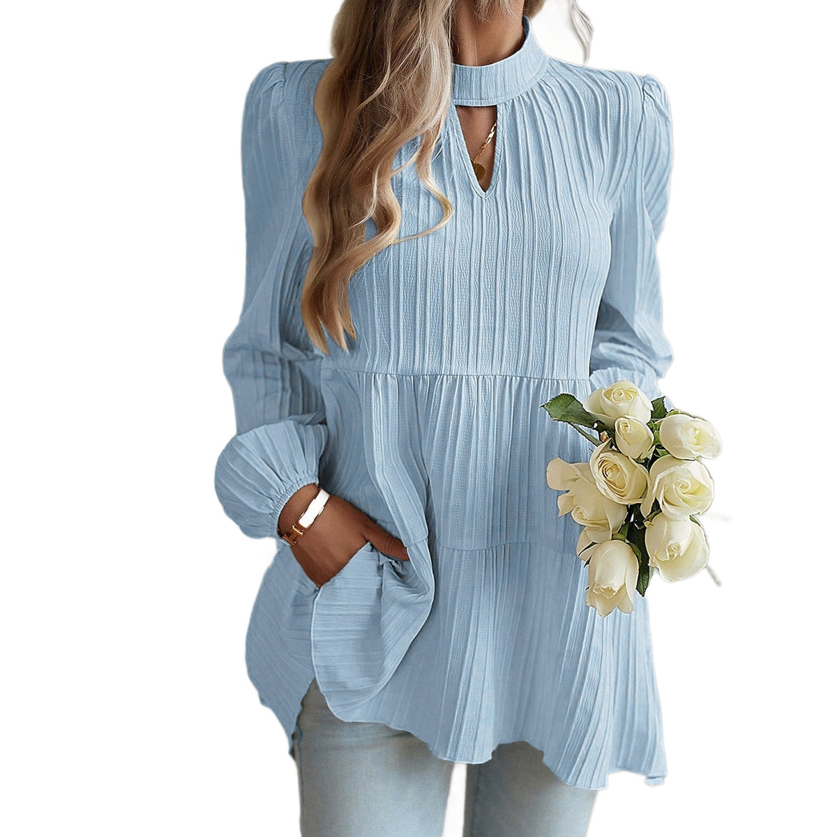 Women's Puff-sleeve A-line Solid-color Long-sleeve Shirt