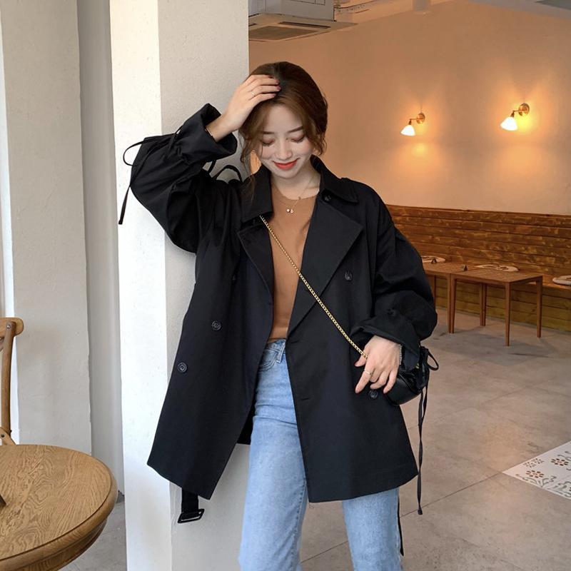 New Lantern Sleeve Loose Black Windbreaker Women's Wild Mid-length Coat