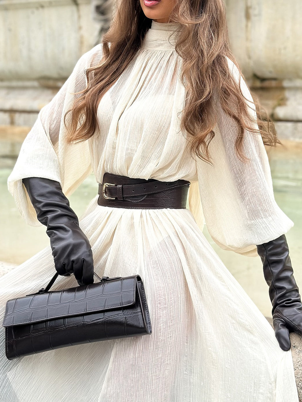 White Long-sleeved Ruffled Tie Dress