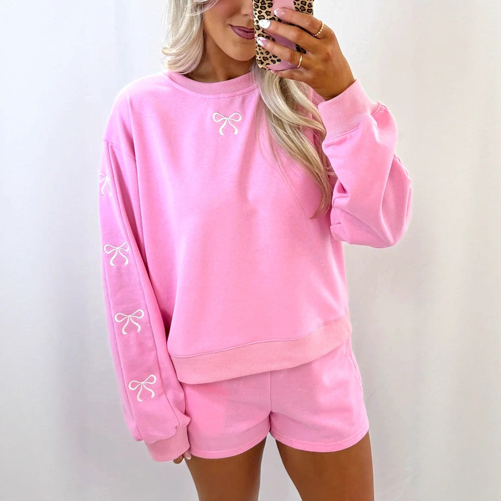 Casual Loose-fit Crew-neck Pullover Solid-color Embroidered Long-sleeve Top And Shorts Set