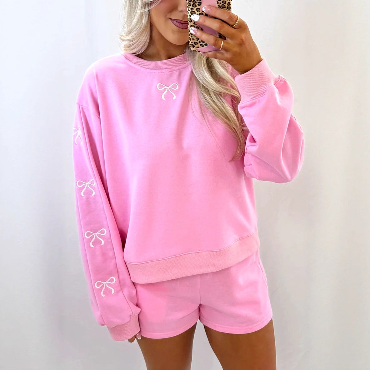 Casual Loose-fit Crew-neck Pullover Solid-color Embroidered Long-sleeve Top And Shorts Set
