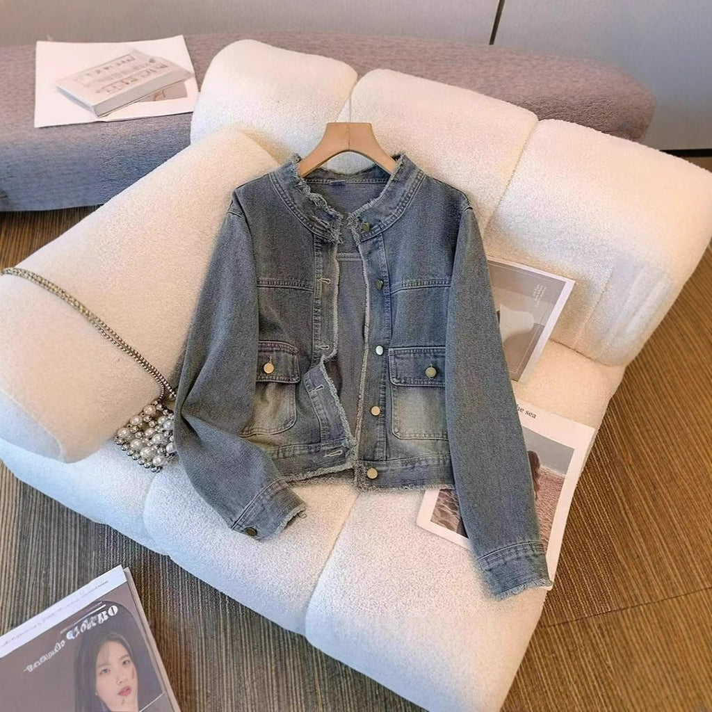 Vintage Washed And Raw-Edged Denim Jacket For Women