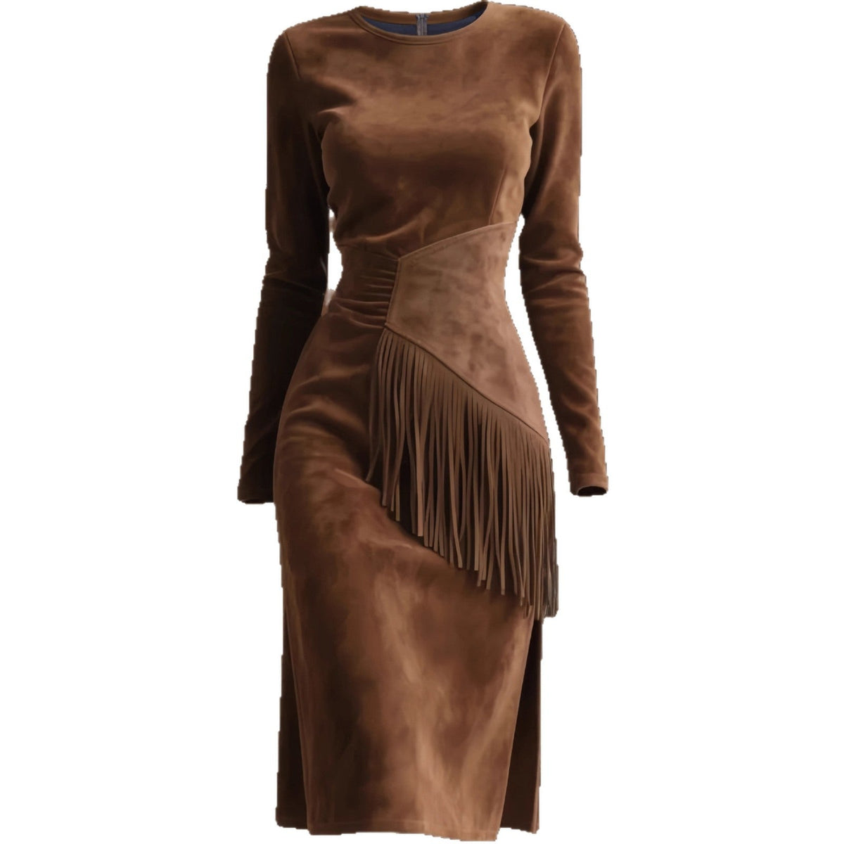 Women's Retro Western Crew-Neck Long-Sleeve Fringed Suede Velvet Dress