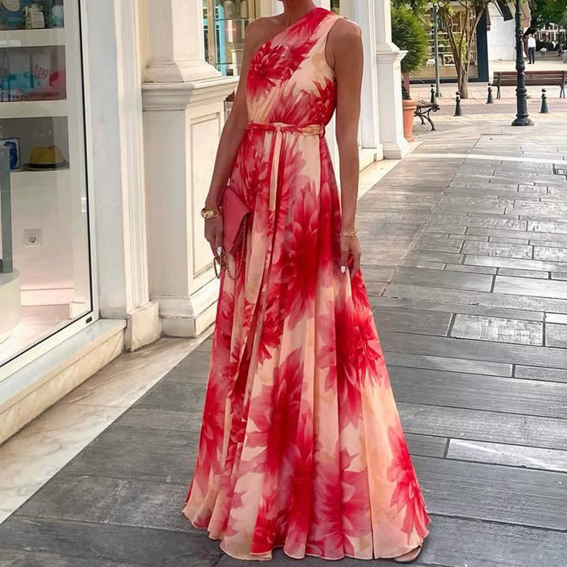 Printed Off-shoulder Sleeveless Long Dress