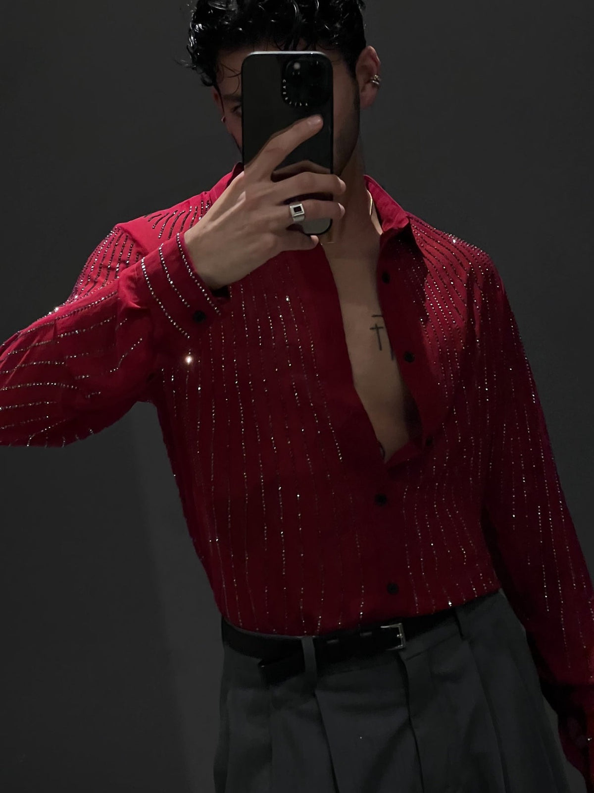 Red Sequin Stripe Long Sleeve Shirt