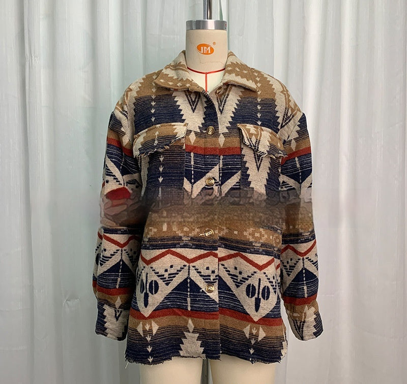 Retro Style Jacket Thick Retro Aztec Printed Woolen Coat