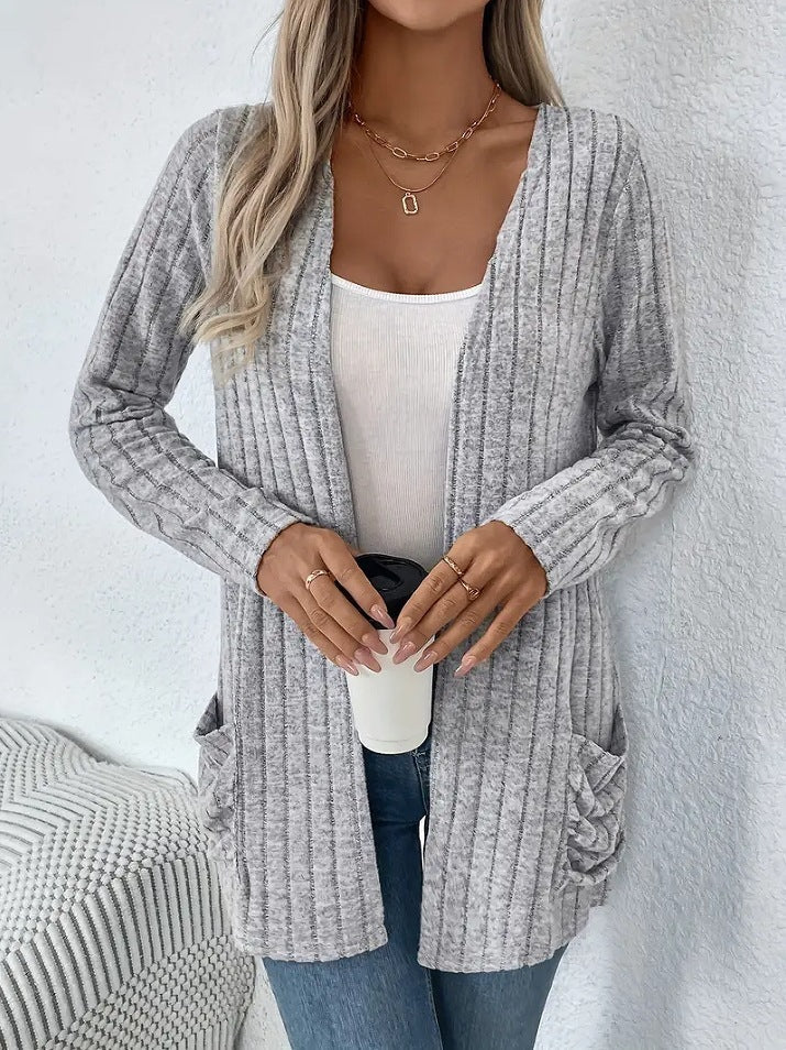 Solid Color Pocket Long Sleeve Bottoming Cardigan Knitwear