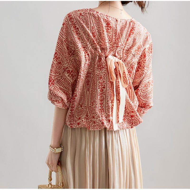 Women's Refreshing Loose Batwing Sleeve Back Lace-up Bow Floral Shirt Top