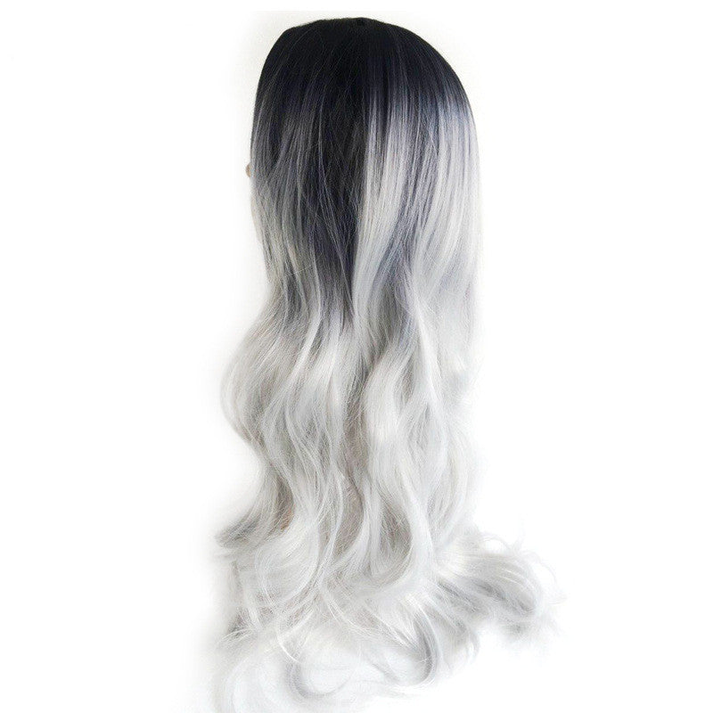 Black silver gray mid-point long curly hair cos fake