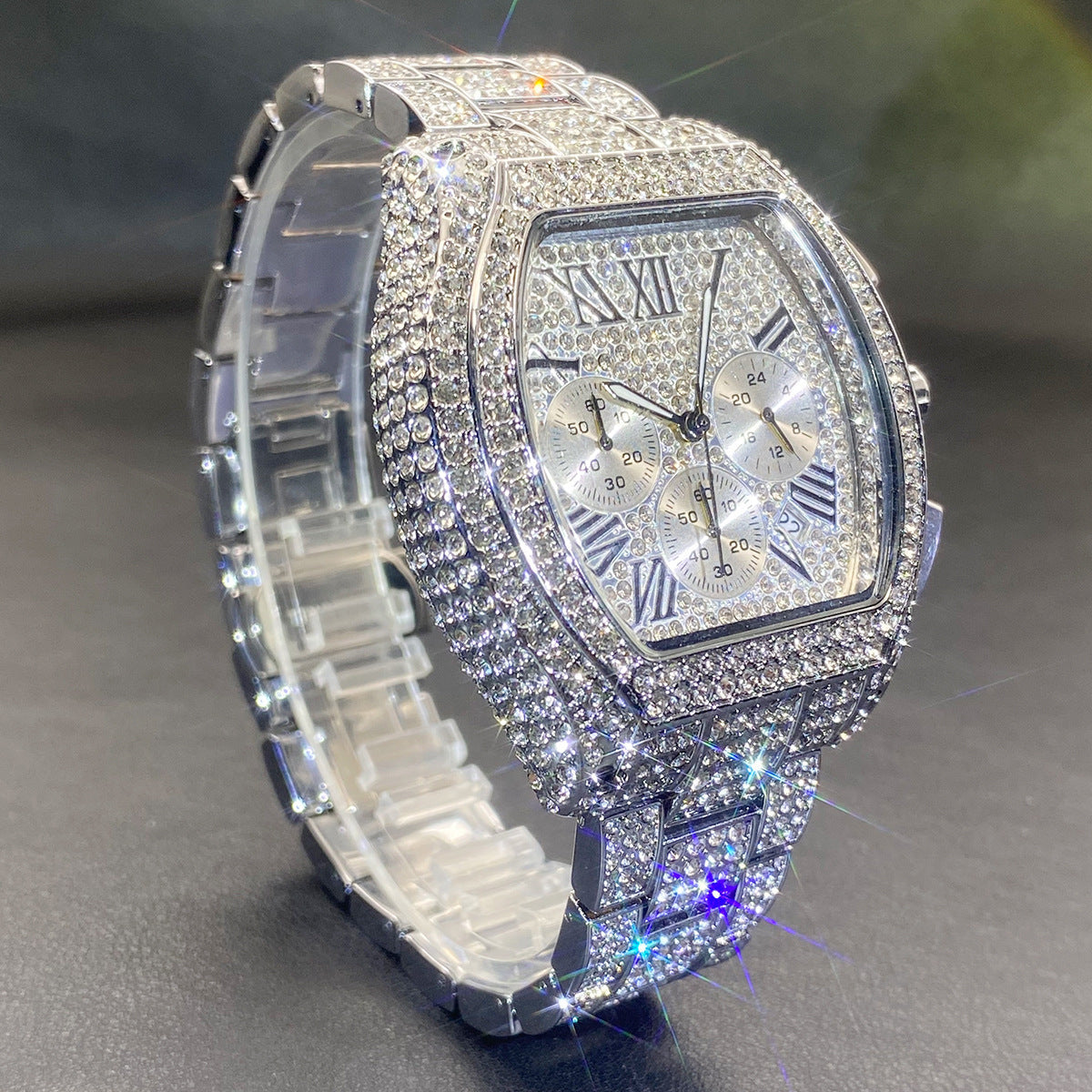 Hip Hop Men's Full Diamond Multi-function Chronograph Luminous Tonneau Quartz Watch