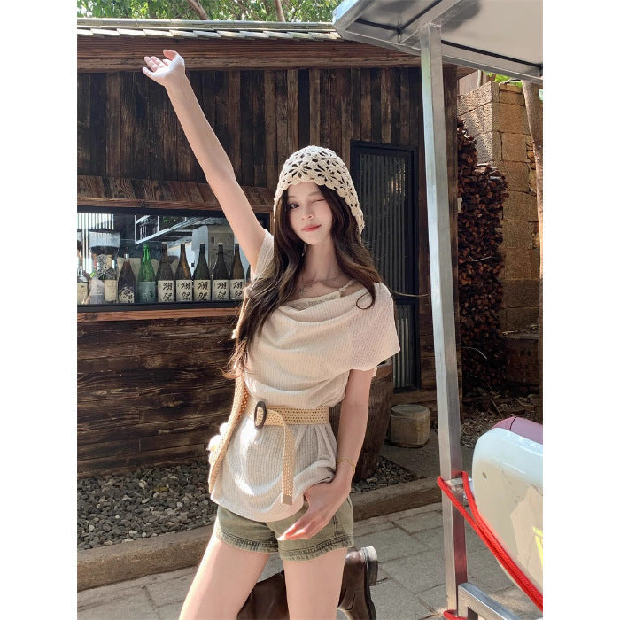 Women's Layered Outerwear Boat-neck Short-sleeve Knit Top