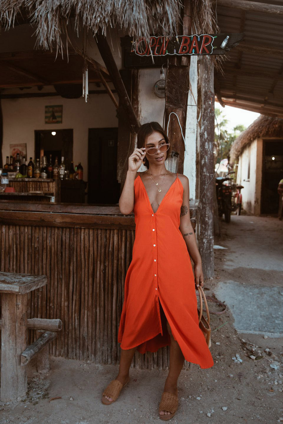Women's Sling Depth V-neck Buttons Backless Dress