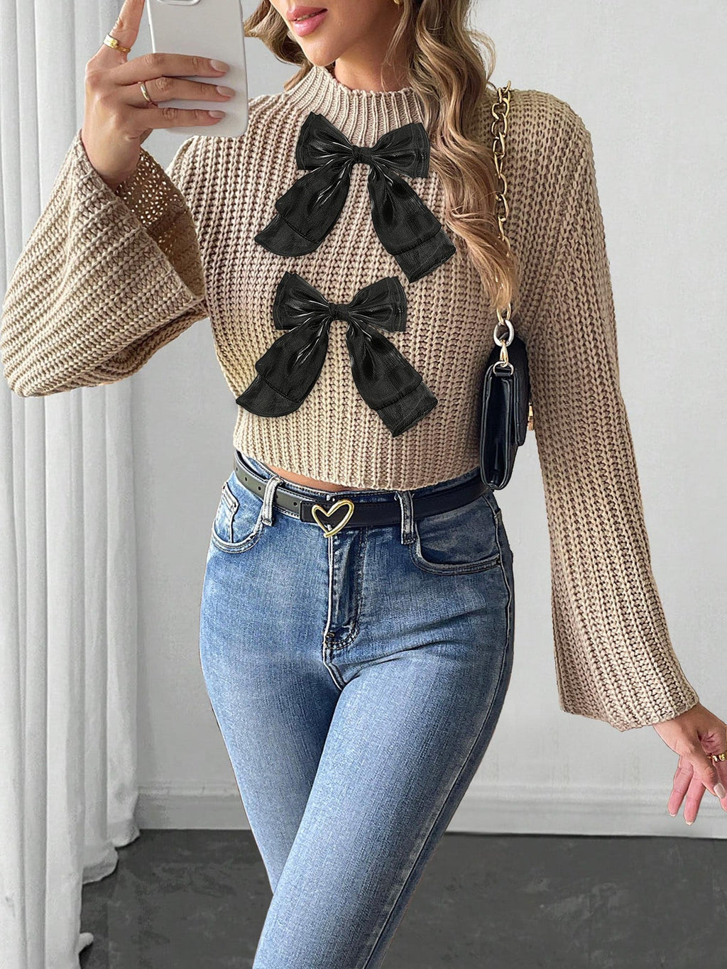Ladies Bow Patchwork Flared Sleeves Mock Neck Sweater
