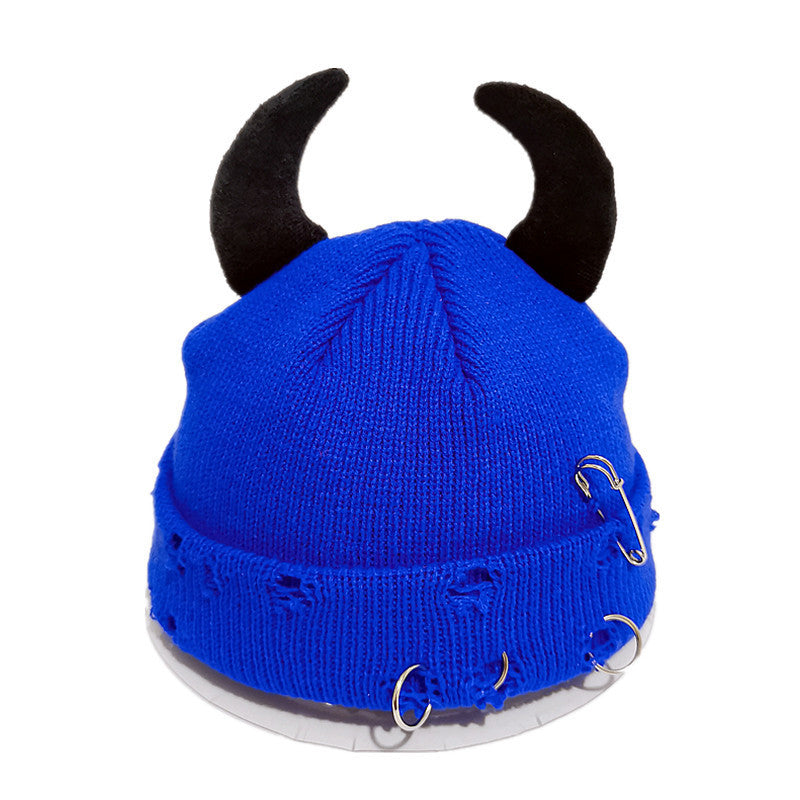Knitted Wool Hat With Hole-decorated Gourd-shaped Devil-ear Pins