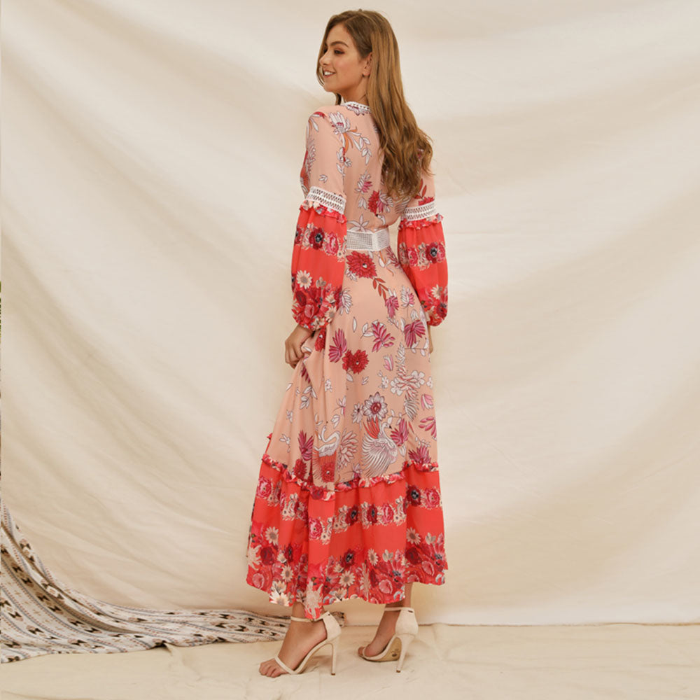 Printed V-neck patchwork puff sleeve dress