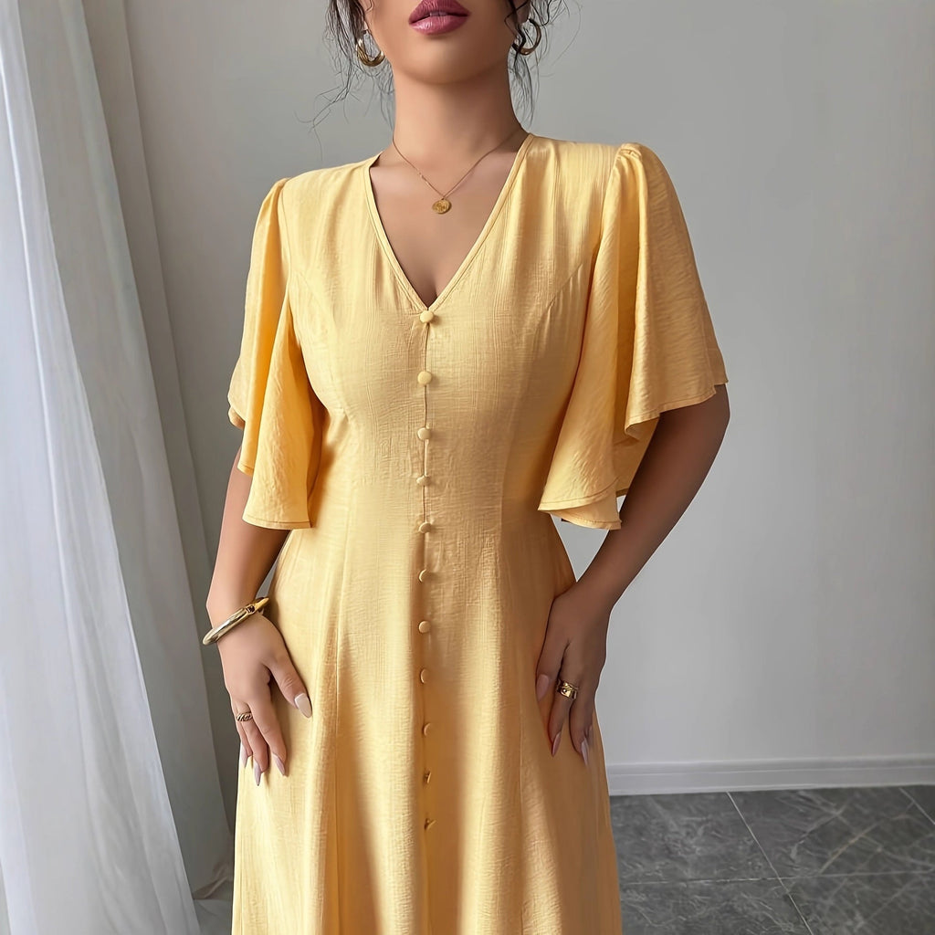 Women's Solid-Colored Split Simple Dress With Petal Sleeves