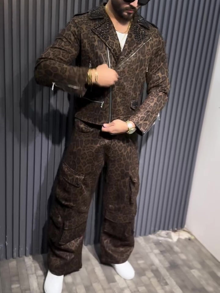 Brown Leopard Print Biker Jacket And Cargo Pants Two-Piece Set