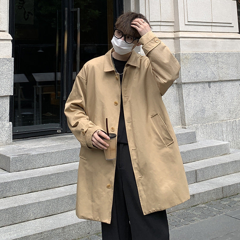 Simple Casual Trench Men's Mid-length Overhat Retro Solid Color Lady Couple Coat