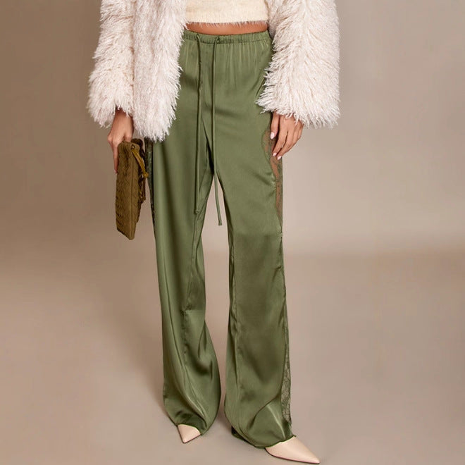 Fashionable Solid Color Sexy Satin Lace Loose Floor Length Pants