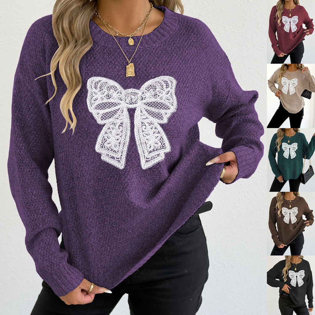 Women's Round Neck Embroidered Lace Butterfly Stitching Woven Sweater