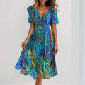 Flowers Printed V-neck Dress Summer A-line Short-sleeved Dresses For Women