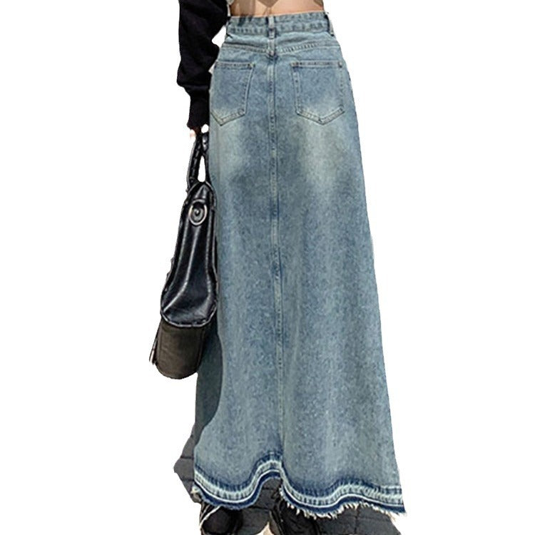 Women's Frayed Denim Skirt Retro Blue