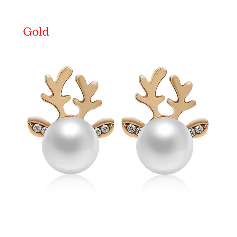 Stud Earrings Christmas Pearl Antlers Earrings