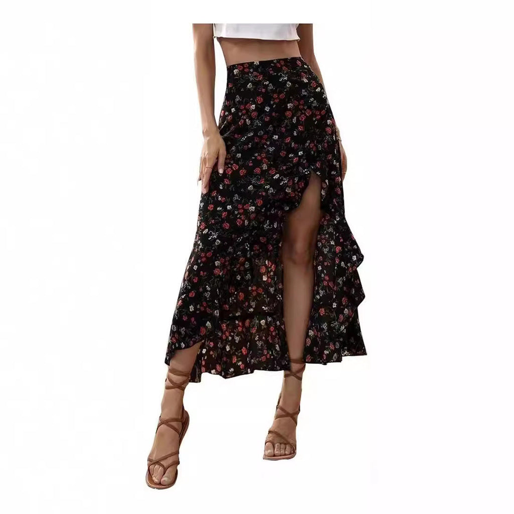 Printed Ruffled Side Slit Skirt